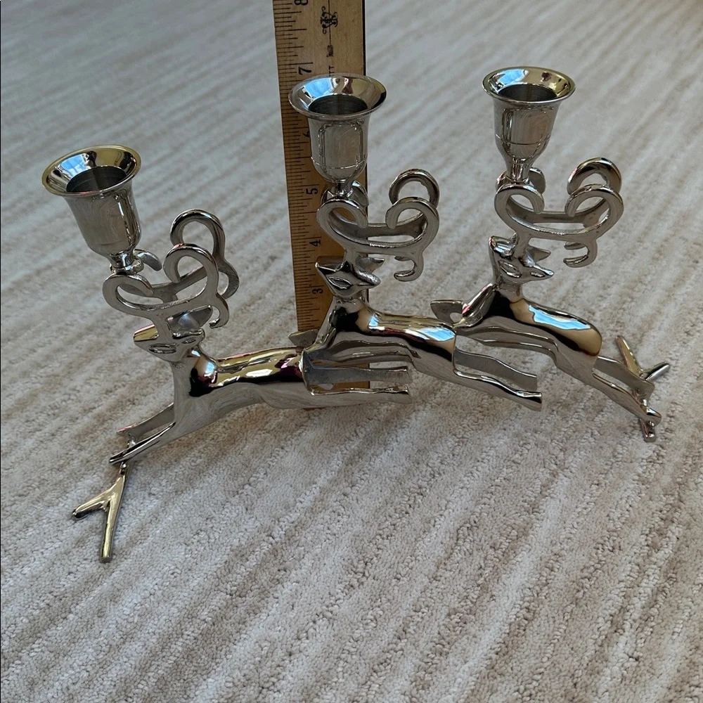 Like New: Christmas Chrome Silver Reindeer Candle Holder Trio Mantle Centerpiece